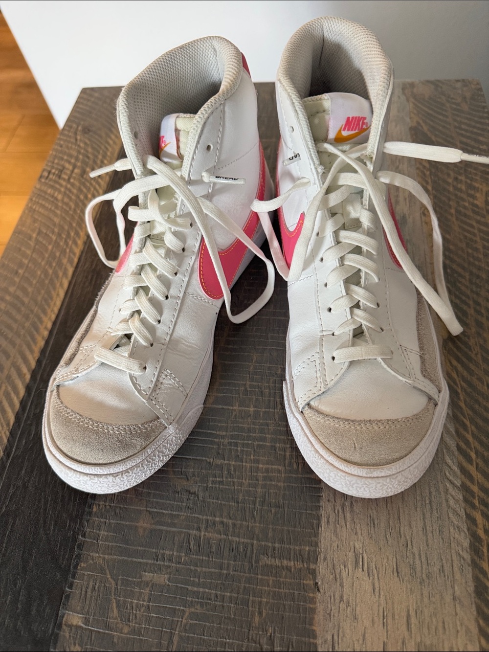 Nike youth White High-Top Sneakers with Pink Swoosh Accent